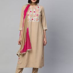Readiprint Fashions Women Beige Ethnic Motifs Embroidered Thread Work Kurta with Trousers & With Dupatta-picture-50