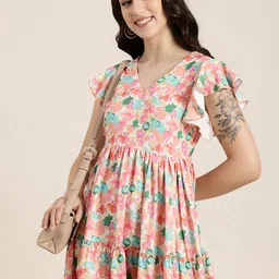 HERE&NOW Floral Print Flutter Sleeve A-Line Tiered Midi Dress-picture-38
