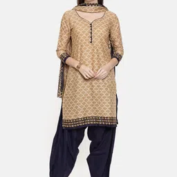 Rajnandini Beige & Navy Blue Cotton Blend Unstitched Dress Material-image-35