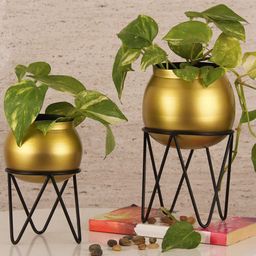 TIED RIBBONS Set Of 2 Gold-Toned & Black Metal Table-Top Planters With Stands image 2
