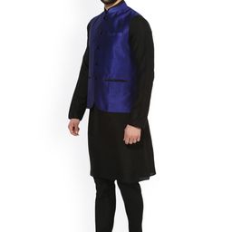 KISAH Men Black Self Design Kurta with Churidar & Nehru Jacket image 2