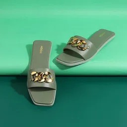 Mochi Women Green & Gold-Toned Open Toe Flats with Buckles-image-32