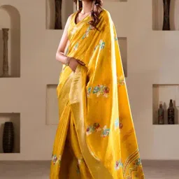 Satrani Turmeric Yellow Silk Floral Print Saree With Unstitched Blouse-image-66