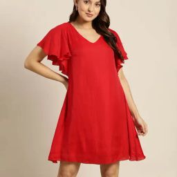 Qurvii Red Silk Mini A Line Dress-image-60