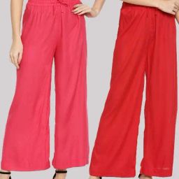 TWIN BIRDS Pink & Red Mid Rise Palazzos - Pack Of 2-image-28