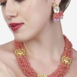 Zaveri Pearls Pink Cluster Beaded Multistrand Necklace & Earring Set-ZPFK13540-image-46