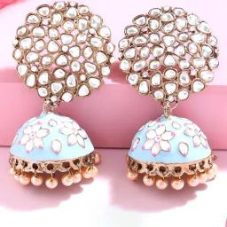 Zaveri Pearls Turquoise Blue & Pink Meenakari Kundan Ethnic Jhumki Earrings-ZPFK15177-32