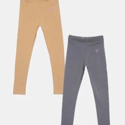 TWIN BIRDS Kids Beige & Grey Cotton Regular Fit Leggings (Pack of 2)-image-34