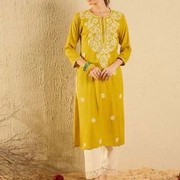 Indo Era Yellow Embroidered Straight Kurta-image-26