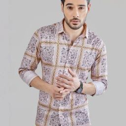 Almaty Cream Cotton Slim Fit Printed Shirt-image-130