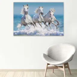 999store White & Blue Three White Horse Run Gallop In Waves In The Ocean Canvas Painting-image-6