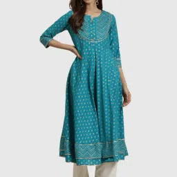 YASH GALLERY Teal Blue Printed Flared Kurta-image-91