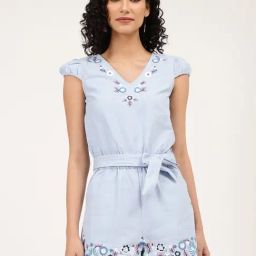 Elle Light Blue Cotton Embroidered Playsuit-picture-36