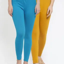 Gracit Blue & Mustard Mid Rise Leggings - Pack Of 2-image-35