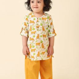 Fabindia Kids White & Yellow Printed Full Sleeves Kurta with Pyjamas-image-41