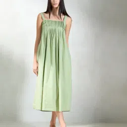 VIRGIO Green Cotton Solid Sleeveless Dress-picture-18