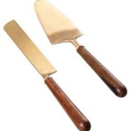 Nestroots Cake Cutting Knife Server Serrated Knife Set of 2 Dessert Server Gold with Wood Handle image 3