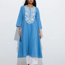 Utsa by Westside Blue Floral Embroidered Cotton A-Line Kurta-image-81
