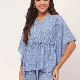 Moomaya Blue Floral Print Kaftan Top With Shorts-image-55