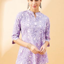 all about you Women Floral Print Mandarin Collar Puff Sleeve Cotton Top-image-47