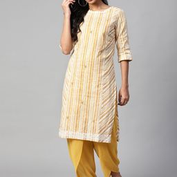 W Women Mustard Yellow & Off-White Striped Straight Kurta with Embroidered Detail-image-12