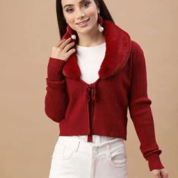 Mafadeny Maroon Plain Cropped Cardigan-picture-8