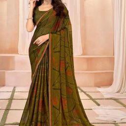 Satrani Moss Green Printed Saree With Unstitched Blouse-picture-0