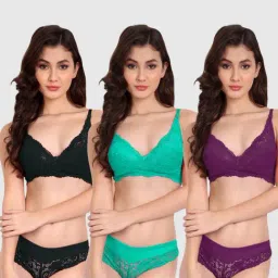 FIMS: Fashion is my Style Green & Purple Lace Work Lingerie Set - Pack Of 3-image-68
