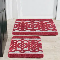 Saral Home KARO Geometric Maroon Microfibre Bath Mat (Set of 2)-30