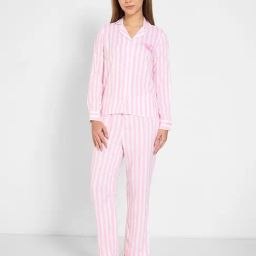 Dreamz By Pantaloons White & Pink Regular Fit Striped Night Suit-image-28