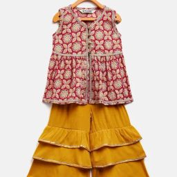 StyloBug Girls Red Cotton Printed Kurti Set-image-59