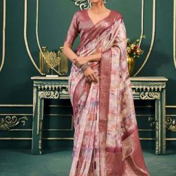 Satrani Rose Pink & Off White Printed Saree With Unstitched Blouse-image-56