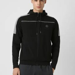 Van Heusen Black Regular Fit Logo Printed Hooded Jacket-image-96