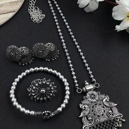 NAMAN ARTS Silver-Plated Oxidised Chain Pendent Jewellery Set-image-61