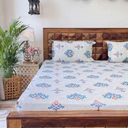 Urban Space Divine Tradition Bliss Blue Cotton 144 TC Queen Bedsheet With Pillow Covers-image-62