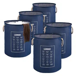 Kuber Industries Blue & White 5 Pieces Printed Foldable Cloth Basket With Handle - 60 L-28