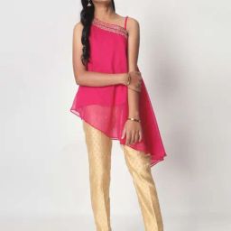 studiorasa Kids Pink & Gold Embroidered Kurti Set-image-99