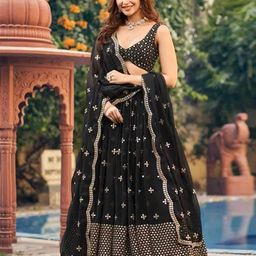 Fashionuma Embroidered Mirror Work Semi-Stitched Lehenga & Unstitched Blouse With Dupatta-51