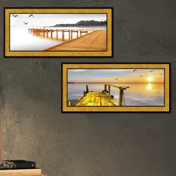 Art Street Sunrise On Water Poster Printed Gold Engineered Wood Wall Art - Set Of 2-picture-41