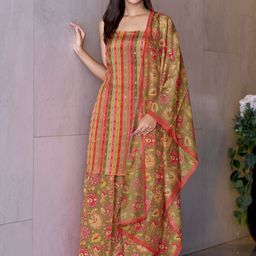 MOJILAA Striped Printed Beads And Stones Mirror Work Kurta With Palazzos & Dupatta-picture-1