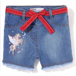 ToffyHouse Stretch Denim Spandex Mid Thigh Denim Shorts with Belt Unicorn Embroidery - Blue-image-99