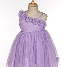 Babyhug Sleeveless One Shoulder Party Frock With Floral Corsage & Glitter Detailing - Lavender-image-69