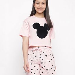 Lil Tomatoes Half Sleeves Disney Mickey Mouse Printed Night Suit - Light Pink-image-82