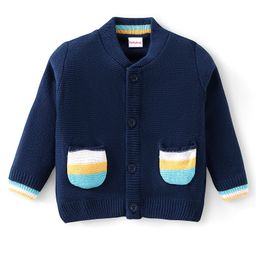 Babyhug Knitted Full Sleeves Front Open Sweater with Sequin Detailing & Pockets - Navy Blue-image-72