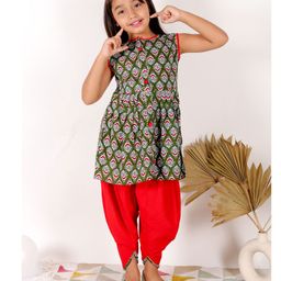 Superminis Sleeveless Flower Motif Printed Kurta & Dhoti Set - Green & Red-image-62
