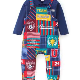 Babyhug 100% Cotton Single Jersey Knit Soccer Ball Printed Dungaree With Full Sleeves Polo T-Shirt - Blue & Multicolor-image-43