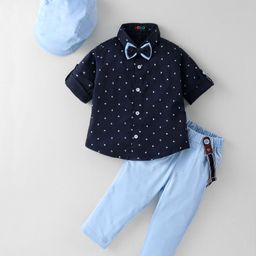 Robo Fry Cotton Woven Full Sleeves Printed Shirt and Trouser Set With Suspender Bow & Cap- Navy blue-image-20