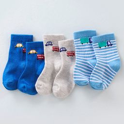 cute walk by babyhug Cute Walk  By Babyhug Anti-Bacterial Ankle Length Socks Car & Stripe Design Pack Of 3- Blue & Grey-picture-21