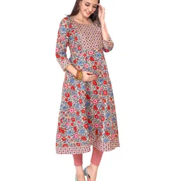 Mom for sure by Ketki Dalal Three Fourth Sleeves Seamless Floral Printed & Lace Embellished Maternity Anarkali Kurta With Concealed Zipper Nursing Access - Beige & Multi Colour-picture-12