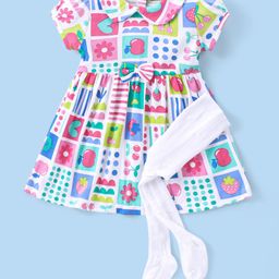 Babyhug Single Jersey Knit Half Sleeves Peter Pan Collar Frock with Leggings Floral & Heart Print - White-image-15
